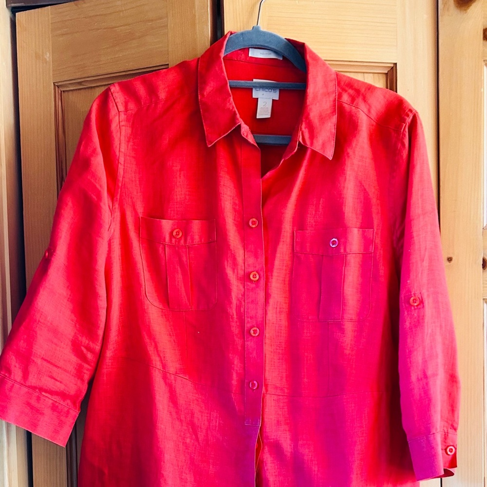 Ladies Coral Linen Shire Red Button-Up Shirt